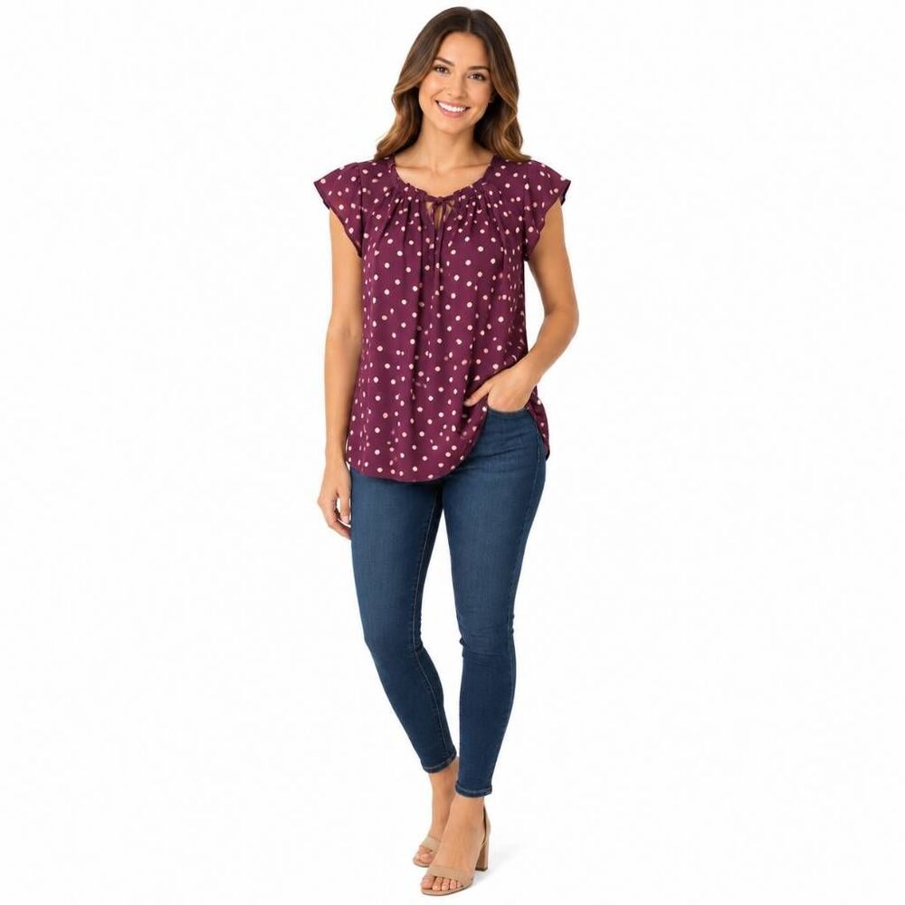 Lauren Conrad Women’s Polka Dot Ruffle Tie Back Top Size Small Plum Pink Cap Sle